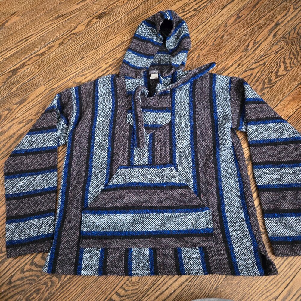 Earthbound Molina Baja Hoodie Size S Blue Grey Striped Surfer Hippie Drug Rug